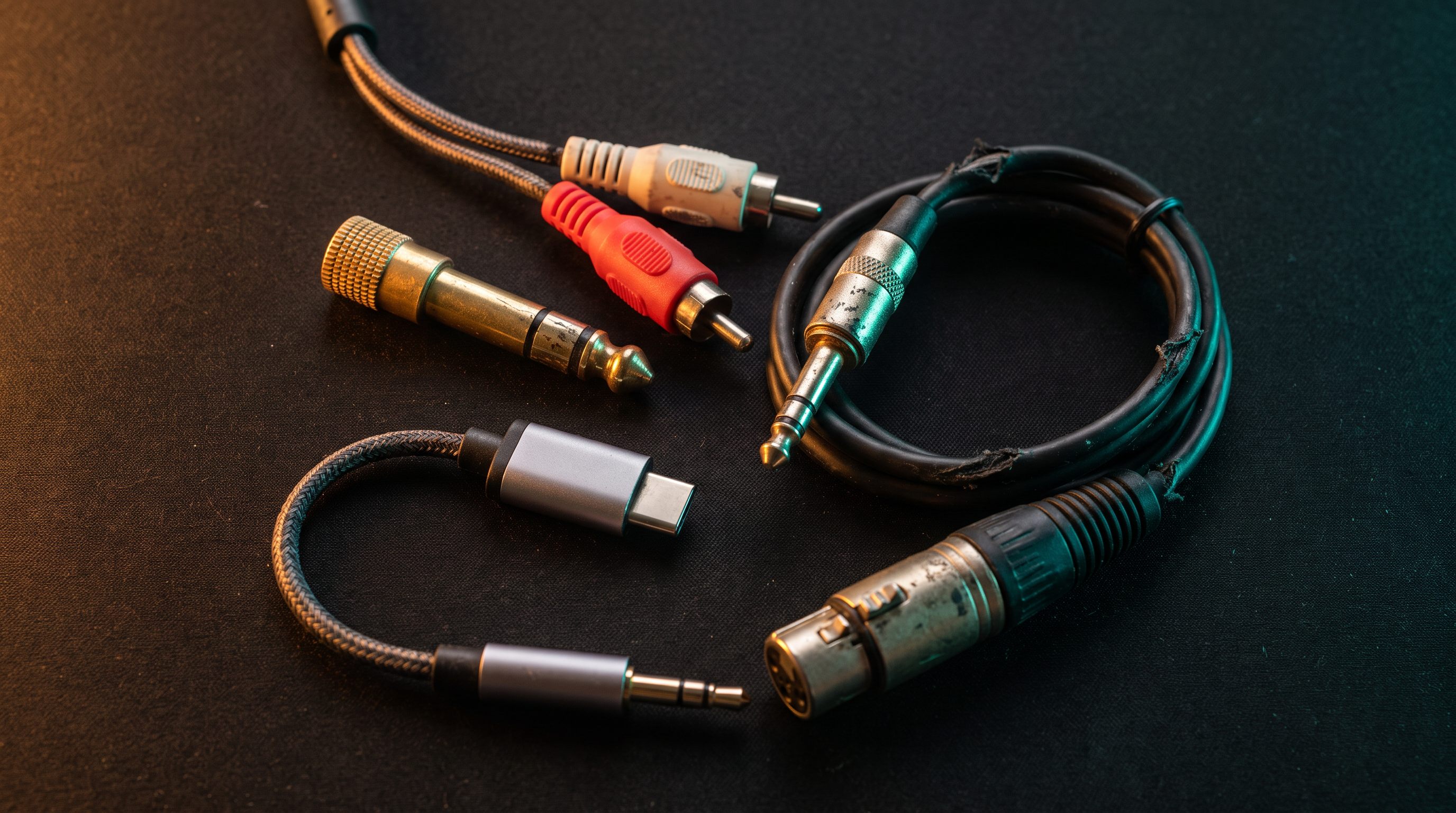 Overhead flat-lay of audio adapters on black: a quarter-inch screw adapter, an RCA Y-splitter, a USB-C dongle and a coiled XLR-to-TRS cable