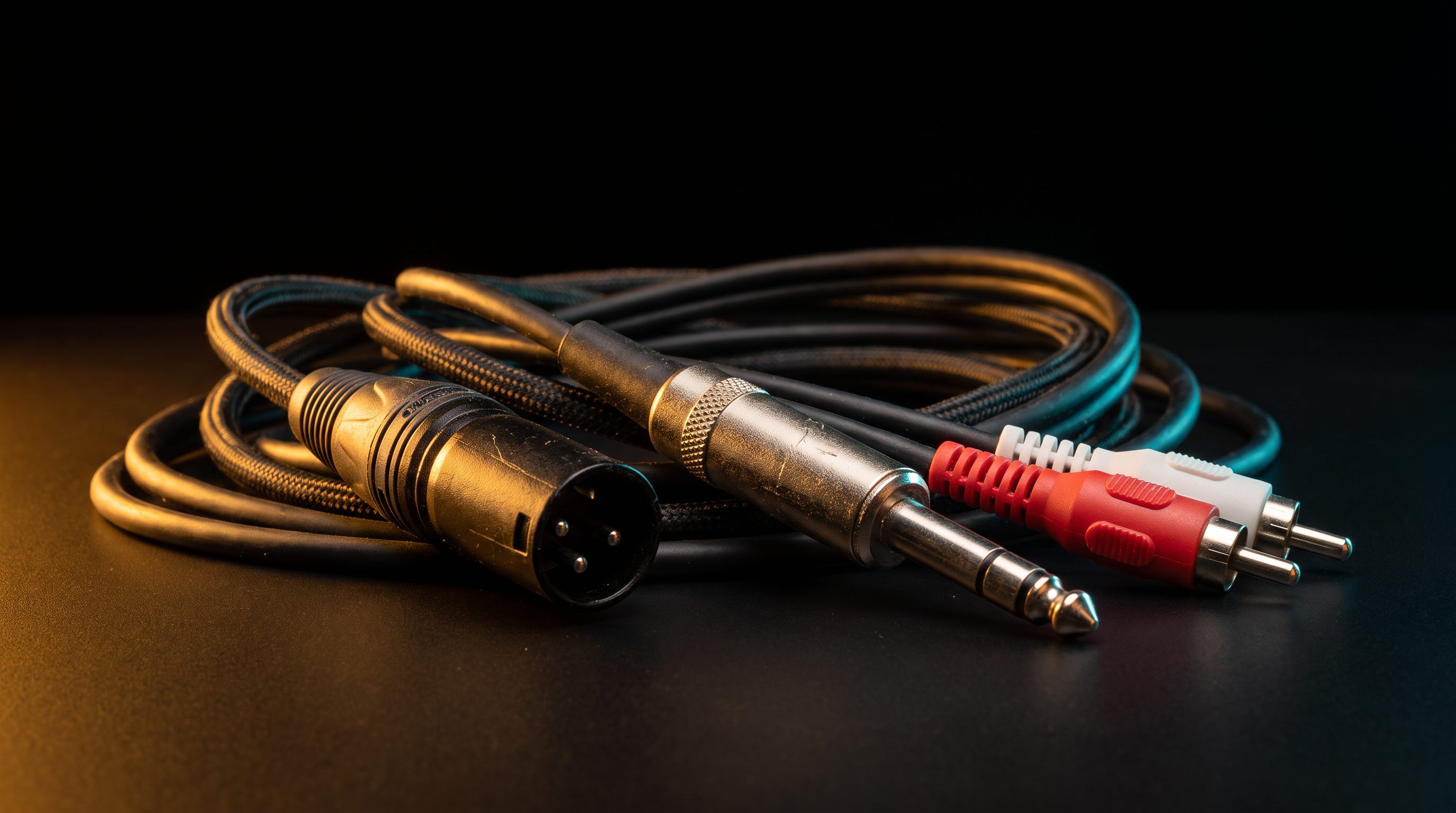 XLR, quarter-inch TRS and RCA plugs tangled together on black, lit amber and teal