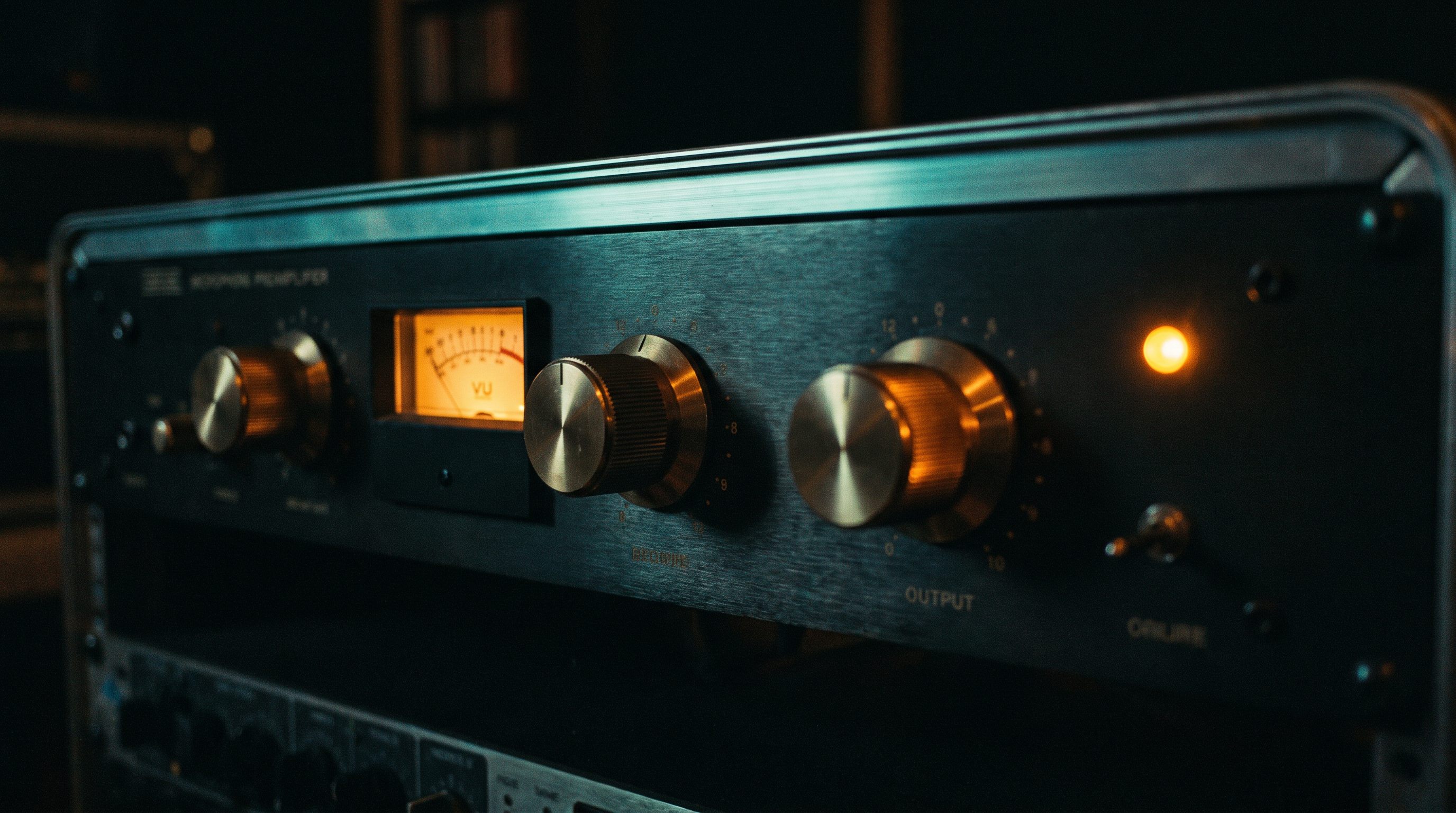 Rack-mounted analog microphone preamplifier in a dark studio, knurled gain knobs lit amber