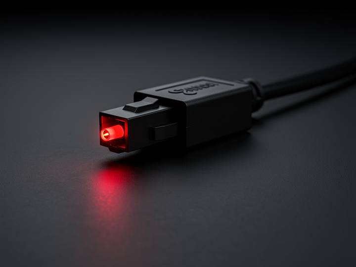Toslink optical connector with red light glowing from the fiber tip