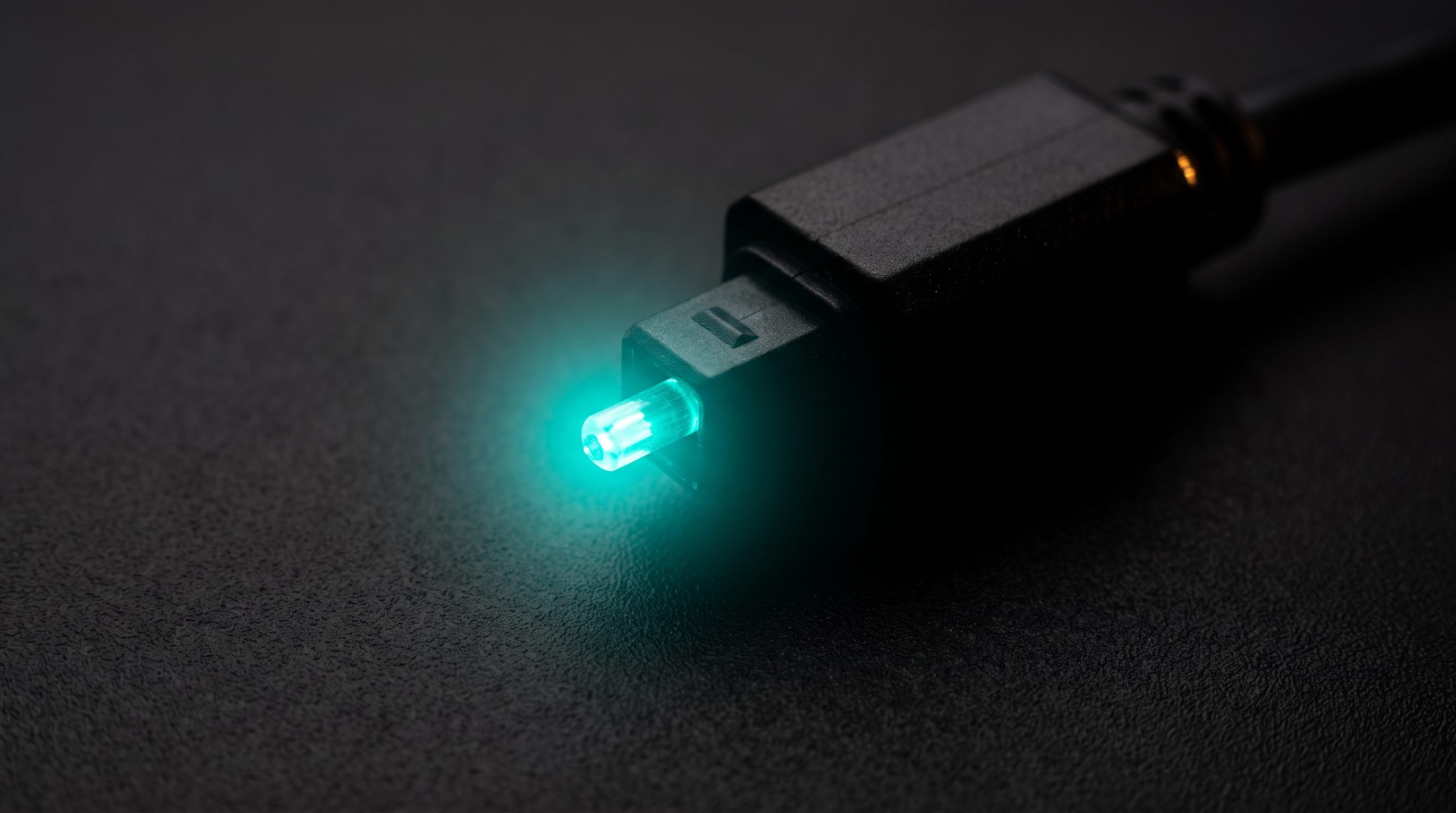 Macro of a Toslink optical connector with teal light glowing from the fibre tip