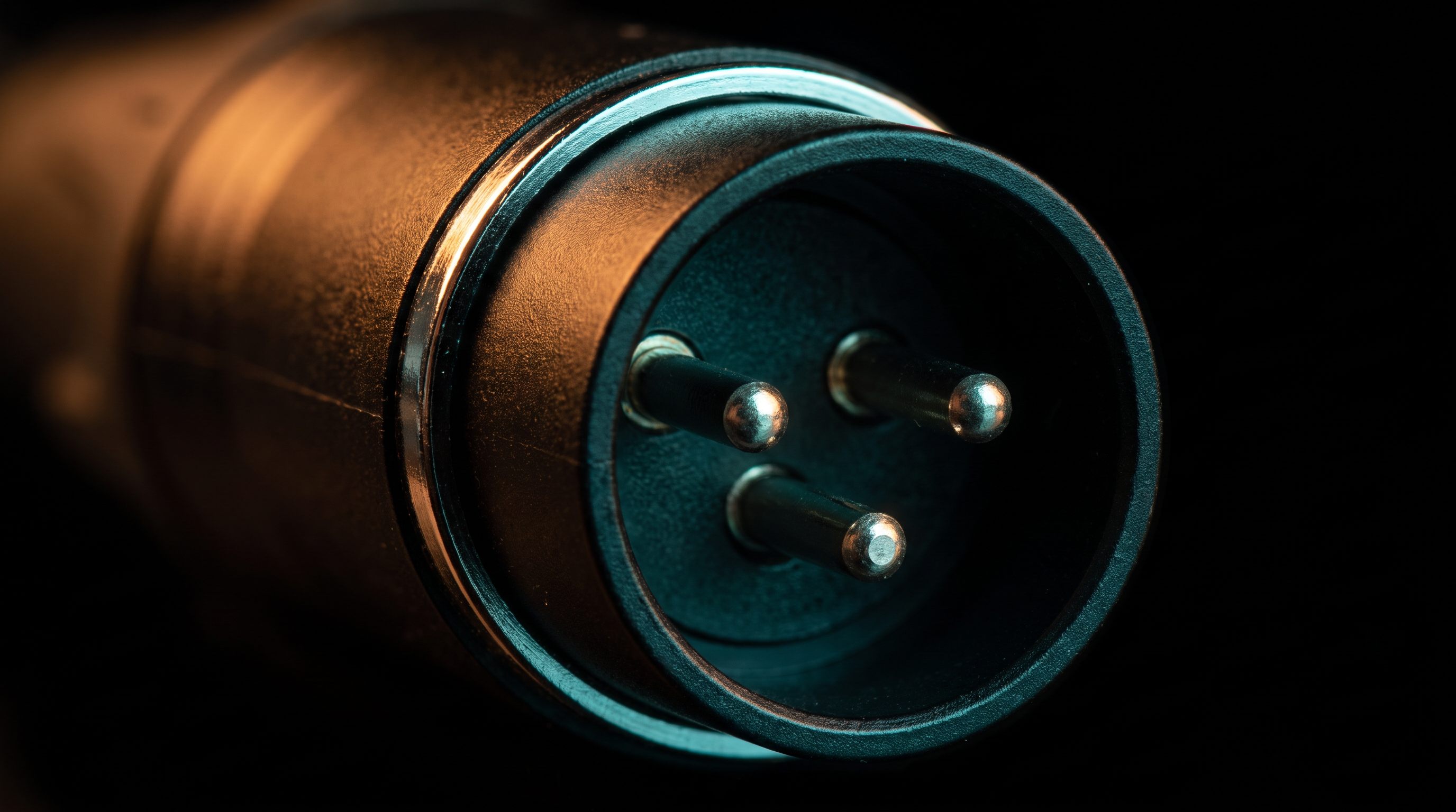 Macro of a male XLR connector face, three pins in sharp focus